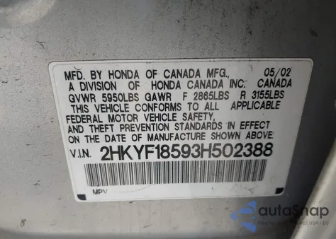 2003 Honda Pilot Ex-L z USA, uszkodzony, nr VIN 2HKYF18593H502388